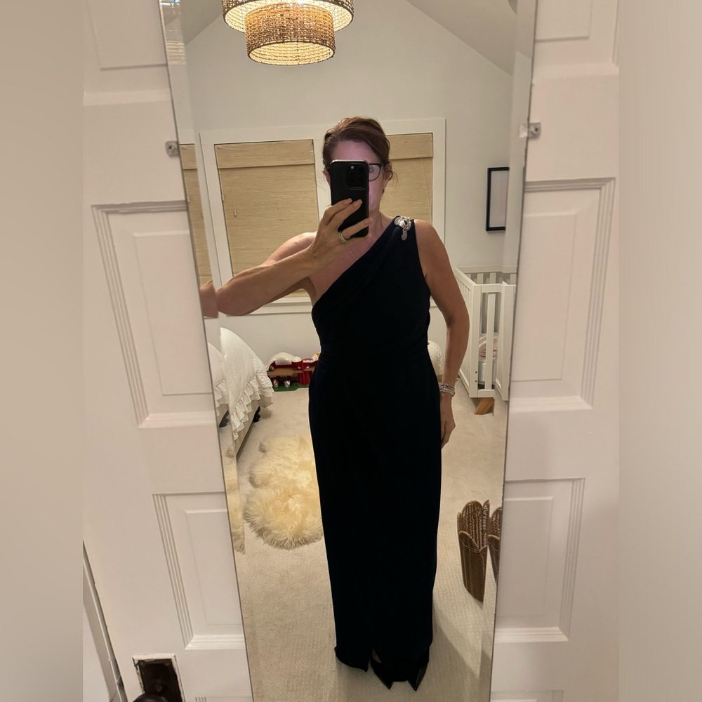Calvin Klein one shoulder formal dress to floor. Dark Navy looks almost black.